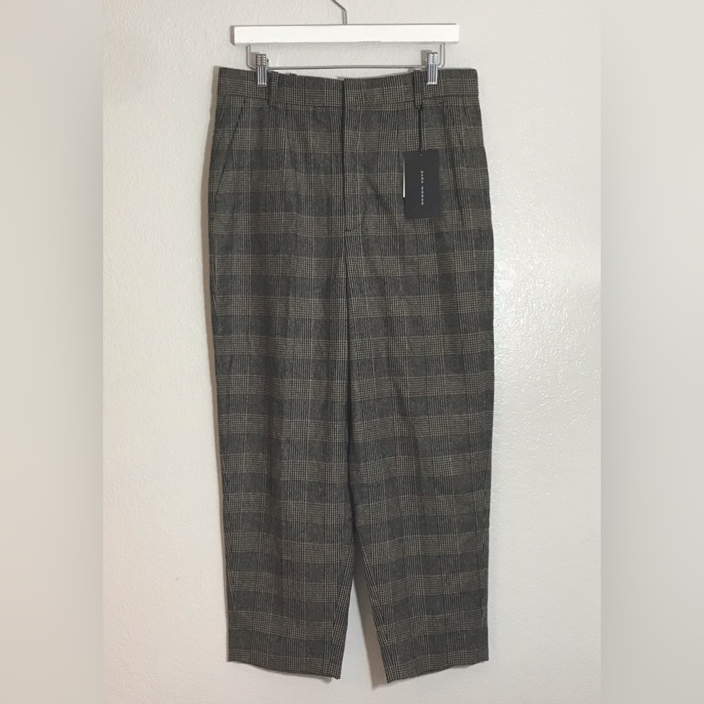 NWT ZARA Brown Plaid Wool Blend Dress Pants Sz L